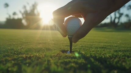Generative AI : Hand putting golf ball on tee in golf course - Powered by Adobe