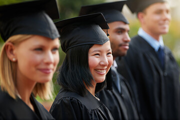 Graduation, smile and woman student in row with friends for university or college ceremony outdoor. Education, scholarship and success with young person on campus for achievement or celebration