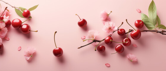 Obraz premium Cherries and Delicate Pink Blossoms with Fresh Green Leaves on a Pastel Pink Background