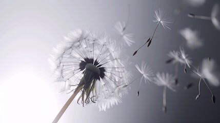 Generative AI : Overblown dandelion with seeds flying away with the wind