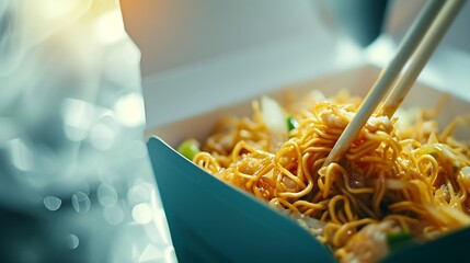 Generative AI : Chinese take-out noodles in a box - obrazy, fototapety, plakaty