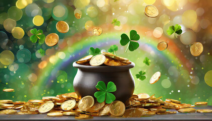 Pot of Gold withe Rainbow, St Patrick Day background Four leaf clover background Pot of gold and...