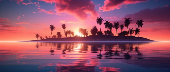 Raamstickers Tropical Paradise Sunset with Palm Trees Silhouetted Against a Fiery Sky Reflected in Calm Waters © Priessnitz Studio