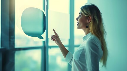 Generative AI : Businesswoman pointing at speech bubble board in office