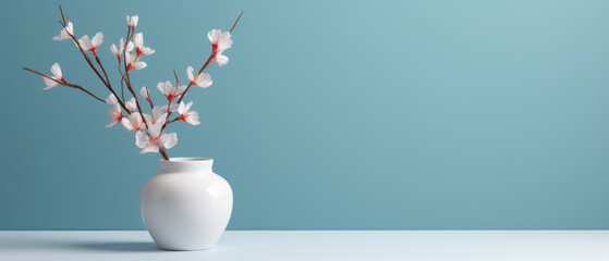 Serene White Vase with Delicate Cherry Blossoms on a Light Blue Background