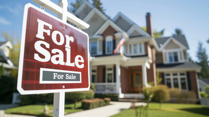 ed "For Sale" sign in focus with a blurred background of a residential house, suggesting that the property is on the market.