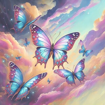 neon butterflies in the clouds, for postcards or backgrounds, wallpapers