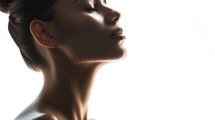 Generative AI : Beautiful woman cares for the skin neck- posing at studio isolated on white