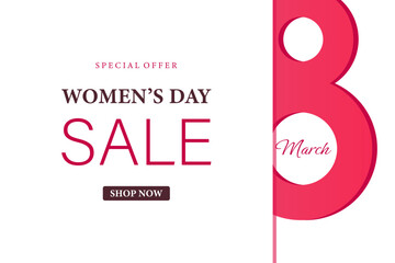Poster or banner with Women's day. 8 March. Special offer discount. Background for sale. Happy Women's day header or voucher template. - obrazy, fototapety, plakaty