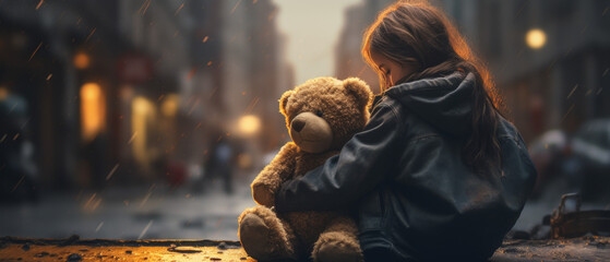 Young Child Hugging a Teddy Bear Overlooking City Lights at Twilight
