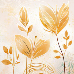 Abstract Golden Botanical Leaves on Abstract Cream Swirl Background with Golden Specks
