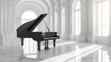 A black grand piano in a large white room