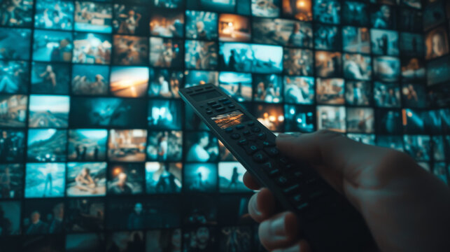 hand holding a television remote control, pointing at a wall of screens displaying a variety of food images.