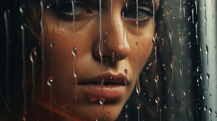 A rain-soaked window pane, capturing the dual nature of tears as both a release and a cleansing.
