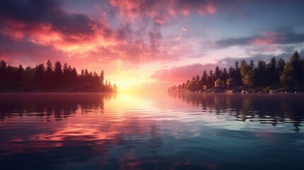 A serene sunset reflected in a calm lake, portraying the tranquility of mindfulness meditation.