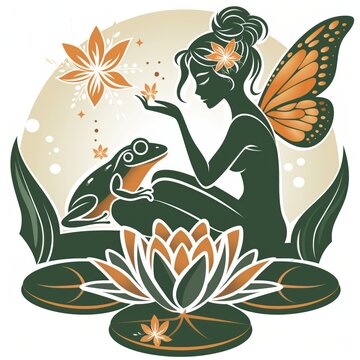 fata elfa, sagoma scura con decori di foglie rane e farfalle, logo sui sfondo bianco