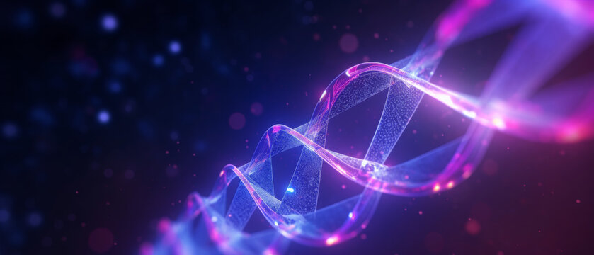 DNA Helix Structure with Neon Lighting and Space Background