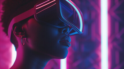 Young black woman enjoing the beauty of VR / AR worlds and fantastic landscapes