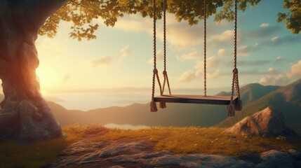An empty swing swaying gently in the breeze, evoking feelings of nostalgia and introspection. - obrazy, fototapety, plakaty