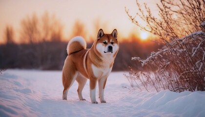 Akita inu, dog at dawn, purebred dog in nature, happy dog, beautiful dog