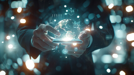 person is interacting with a futuristic holographic interface with digital icons and a glowing globe at their fingertips.