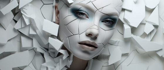 Woman with a Fragmented Geometric Face Design and Ethereal Makeup