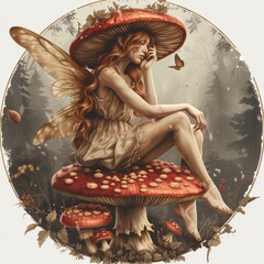 Fatina bionda con ali di farfalla seduta su un fungo rosso, logo su sfondo bianco - obrazy, fototapety, plakaty