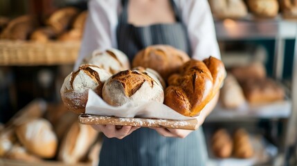 Generative AI : Served fresh just for you. a young woman holding a selection of freshly baked breads in her bakery.