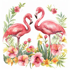 Flamingo in tropical plants on a white background. Watercolor illustration.