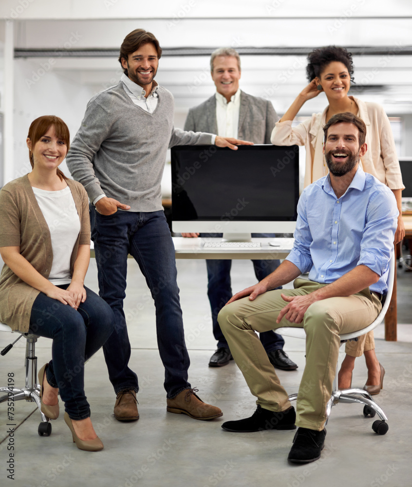 Aufkleber Happy, computer screen and business people in portrait for friendly and technology at work for connection. Web designer, staff and positive face for collaboration with support and mock up in office