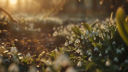 Generative AI : first spring flowers, snowdrops in garden, sunlight
