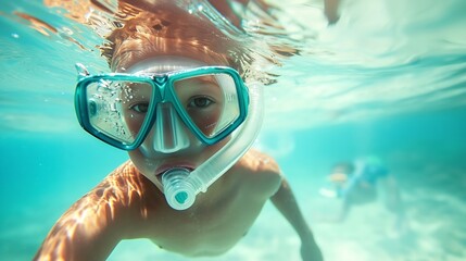 Naklejka premium Generative AI : boy with snorkeling mask diving in underwater in water sport outdoor.