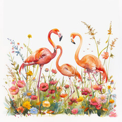 Flamingo in tropical plants on a white background. Watercolor illustration.