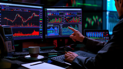 trader analyzing financial markets with multiple computer screens displaying real-time trading data, charts, and graphs.