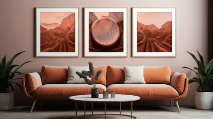 Living Room Decor with Sand Toned Sofa and Triptych Wall Art