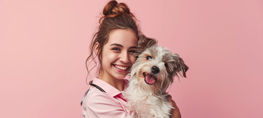 vet clinic concept, smiling female veterinarian holding a dog, plain background, pet healthcare banner with copy space
