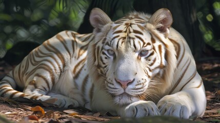 Obraz premium A majestic white tiger, its sleek body resting on the ground in the outdoor zoo, exuding a sense of fierce elegance with its powerful snout and delicate whiskers, surrounded by the wild beauty of the
