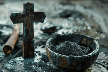 Capture the essence of Ash Wednesday with a visual representation showcasing the Christian cross and ash as symbols of religion, sacrifice, and the redemption of Jesus Christ