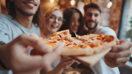 Fotobehang Generative AI : Close up of multiethnic young people gather in pizzeria together have fun sharing tasty Italian food © The Little Hut