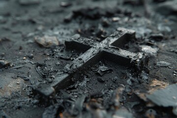 Capture the essence of Ash Wednesday with a visual representation showcasing the Christian cross and ash as symbols of religion, sacrifice, and the redemption of Jesus Christ