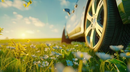 Close-up of summer car tires on lush green grass. Detailed shot showcasing the seasonal tread - obrazy, fototapety, plakaty