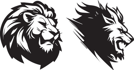 Head of a fierce angry lion, black vector outline - obrazy, fototapety, plakaty