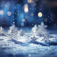 Fototapeta na wymiar Snowflakes On Snow With Bokeh Of Christmas Lights