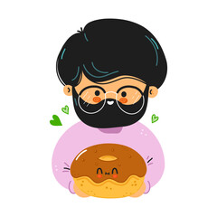 Young cute funny man hold Donut in hand. Young boy hugs cute Donut. Vector hand drawn doodle style cartoon character illustration icon design. Isolated on white background