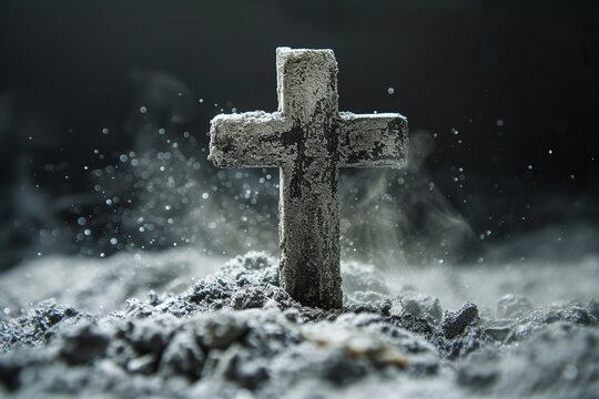 Capture the essence of Ash Wednesday with a visual representation showcasing the Christian cross and ash as symbols of religion, sacrifice, and the redemption of Jesus Christ - Powered by Adobe