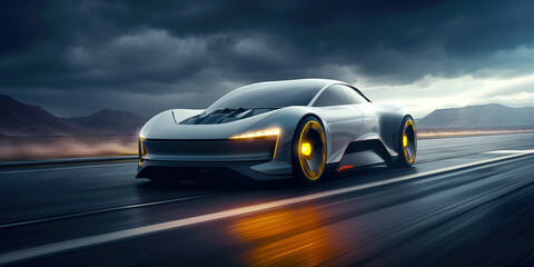 Stylish car drives quickly along highway in cloudy weather. Automobile with narrow headlights and illuminated wheels. Sports gray car in futuristic style