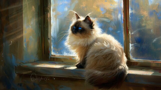 A regal Himalayan cat surveying its domain from the lofty heights of a sun-drenched windowsill, its azure eyes gleaming with intelligence.