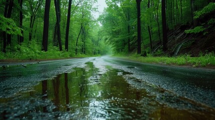 Scenic view of the forest road with water pits after rainfall