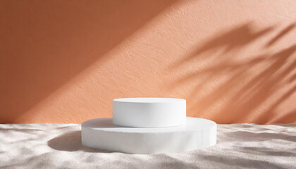 White cylinder podium lies in the sand with shadow overlay. Minimal scene for product presentation or advertising