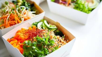Generative AI : Restaurant healthy food delivery in take away boxes for daily nutrition on white...